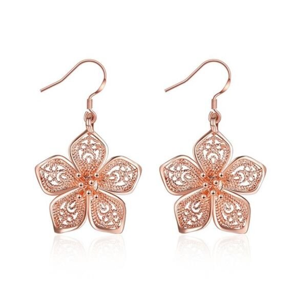 18K Rose Gold Plated Flower Earrings – Drop Dangle Fish Hook, Hypoallergenic - Picture 1 of 7